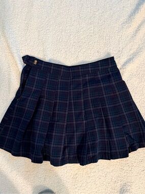 Navy Plaid Pleated Mini Skirt
